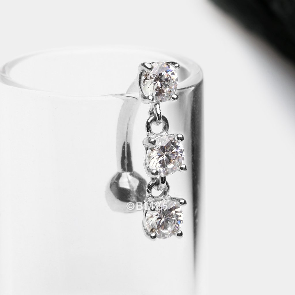 14 Karat White Gold Brilliant Triple Dangle Sparkle TopDown Reverse Belly Ring